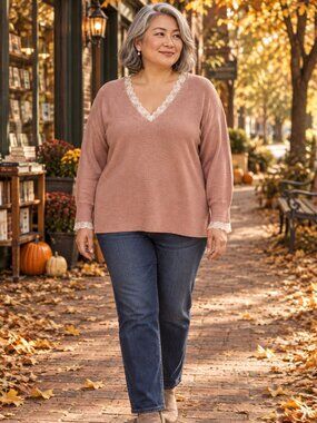 Sioni Milano Blush Pink Lace Trim V-Neck Sweater Size 1X